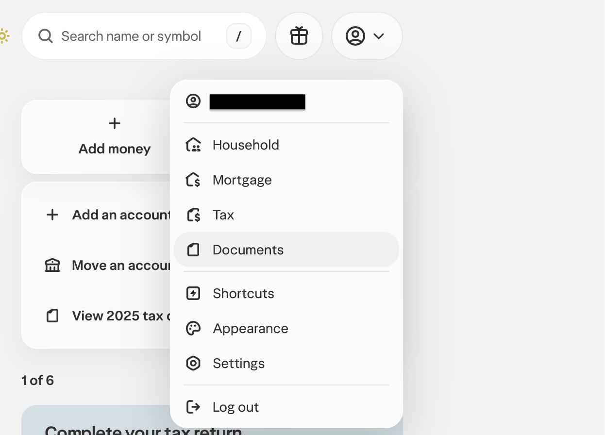 Profile dropdown showing the Documents link