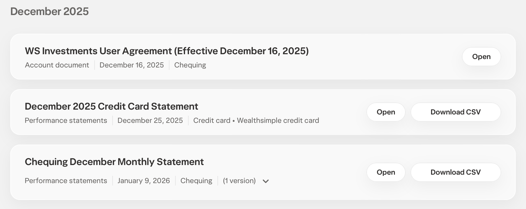 Documents page with Download CSV button next to the Chequing Monthly Statement